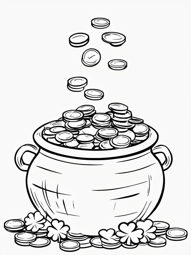 Pot of Gold and Shamrocks Line Drawing for Coloring Book Pages