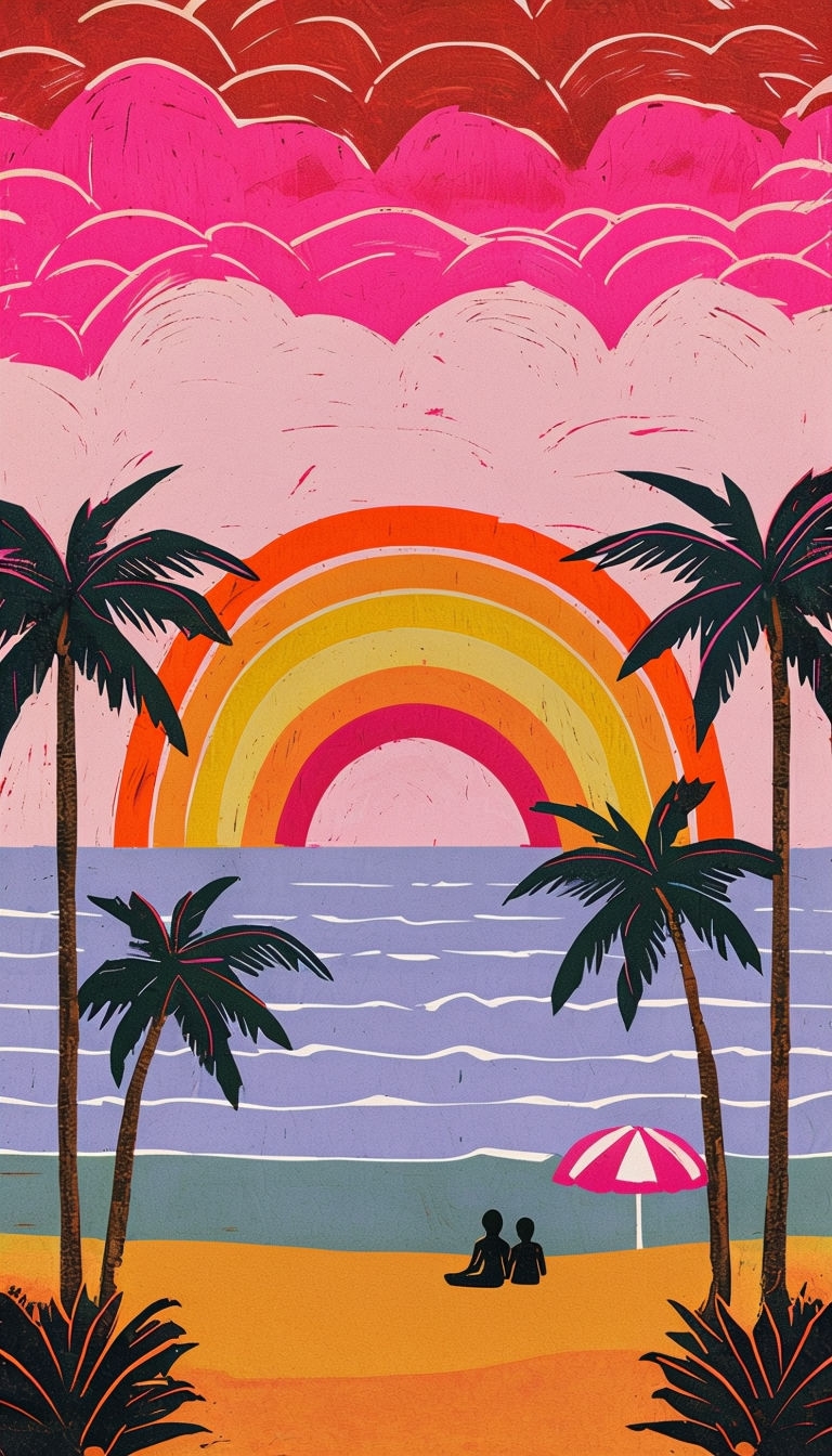 Vibrant Tropical Beach Linocut Art for Relaxing Mobile Wallpaper