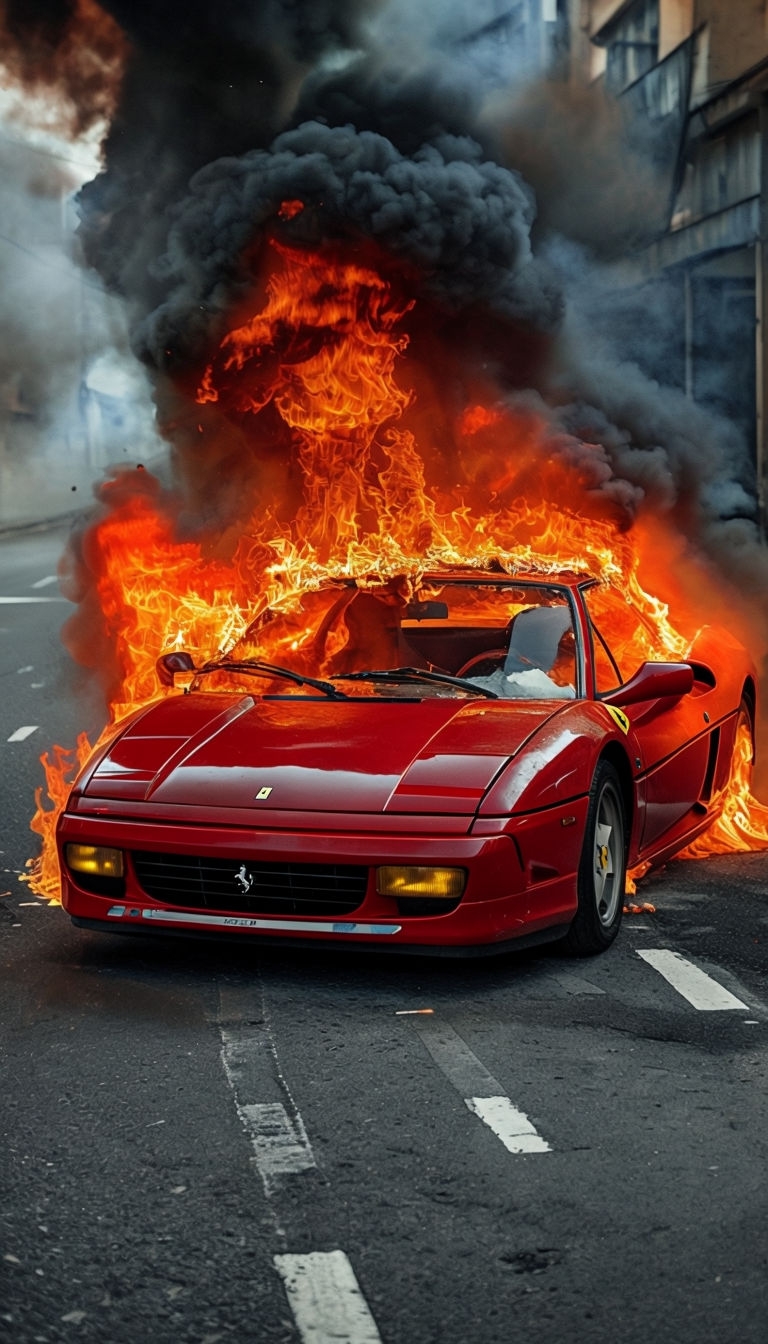 Dramatic Red Ferrari on Fire Urban Scene Art Poster