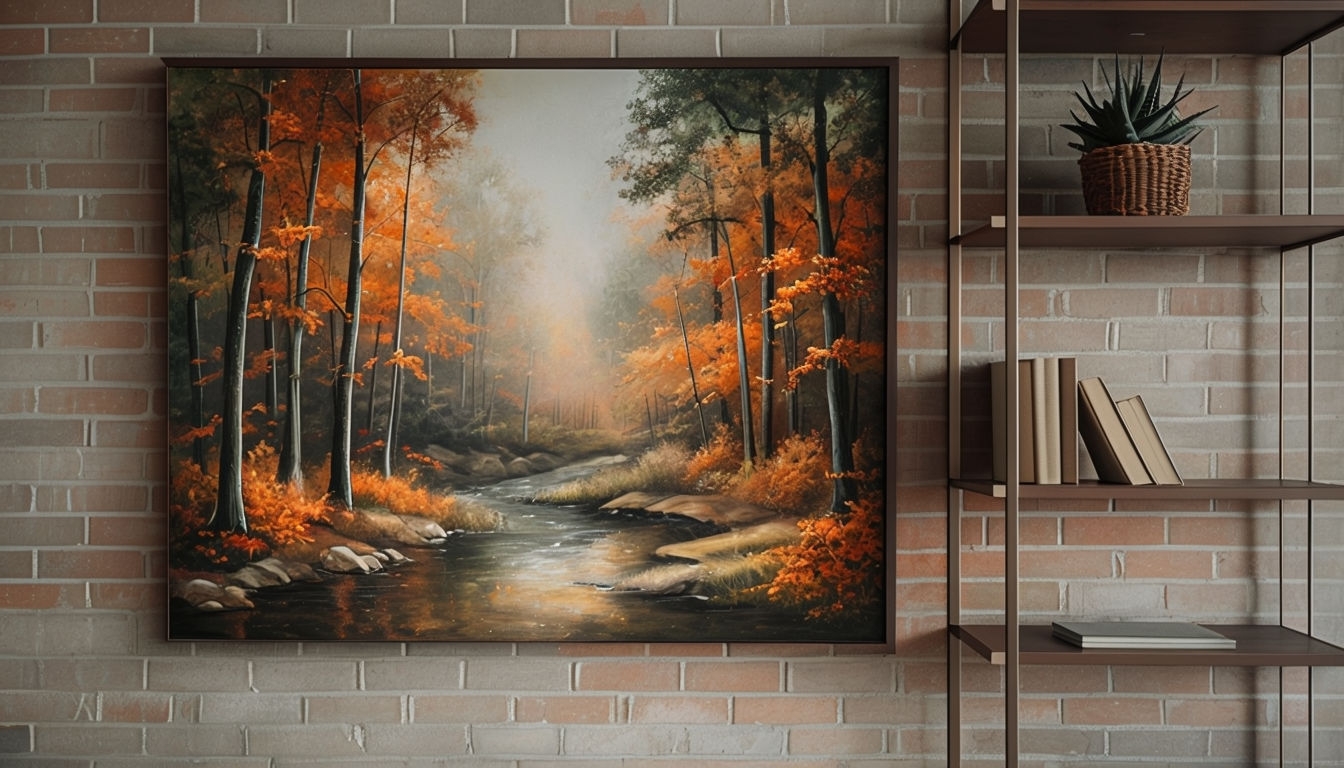 Serene Autumn Forest Painting with Red Brick Wall Interior Art