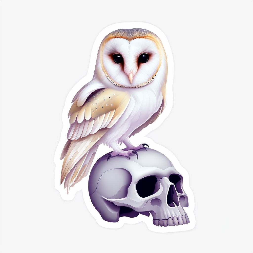 Eerie Barn Owl Perched on Human Skull Artwork Sticker