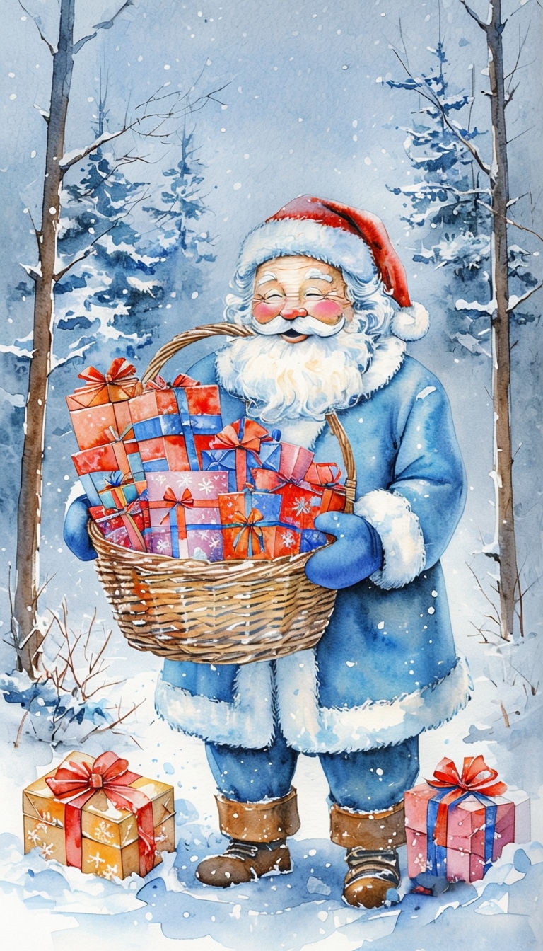 Festive Santa Claus with Gifts Watercolor Art Illustration