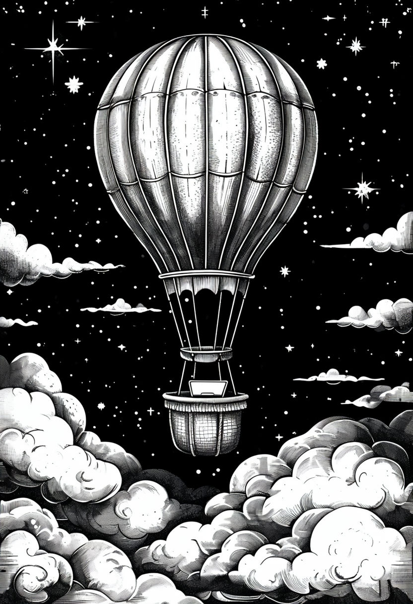 Vintage Black and White Hot Air Balloon Night Sky Art Poster