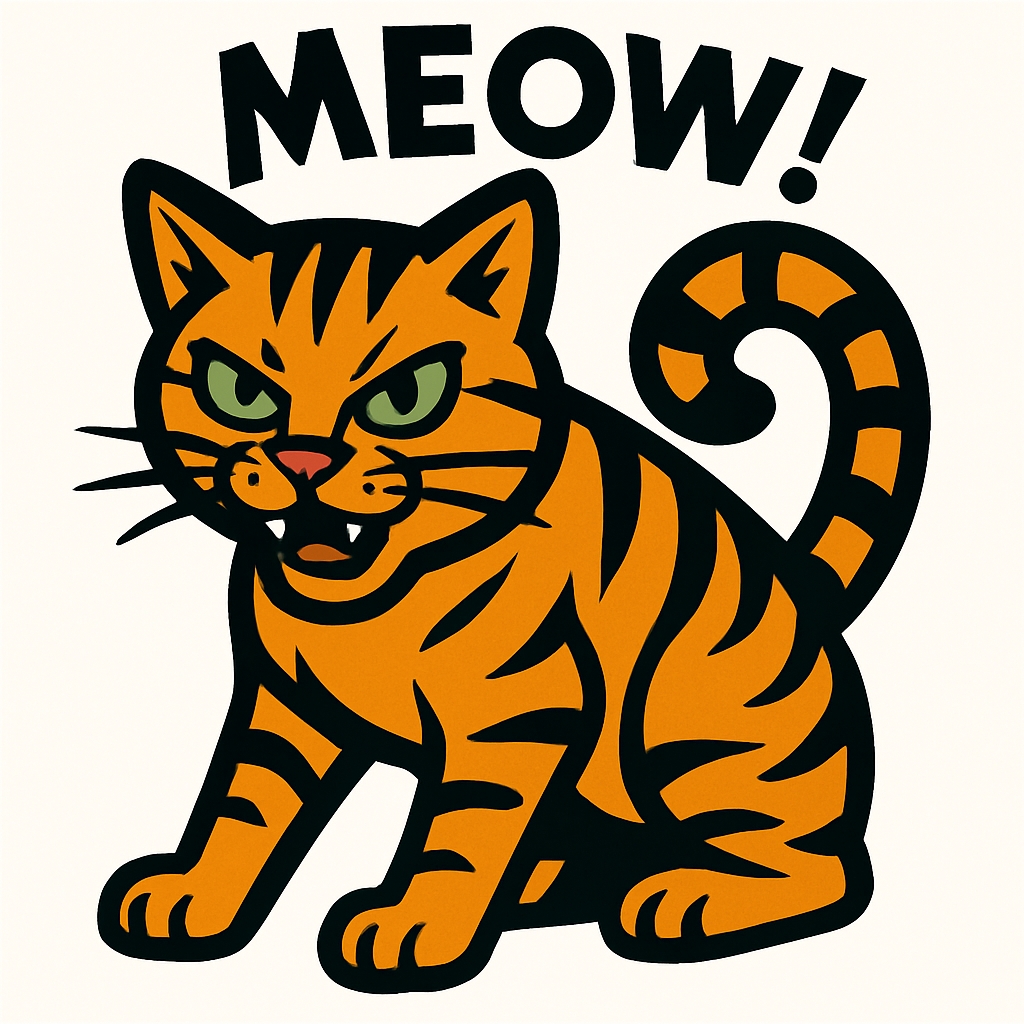 Angry Orange Tabby Cat Cartoon with Bold 'MEOW!' Text Sticker
