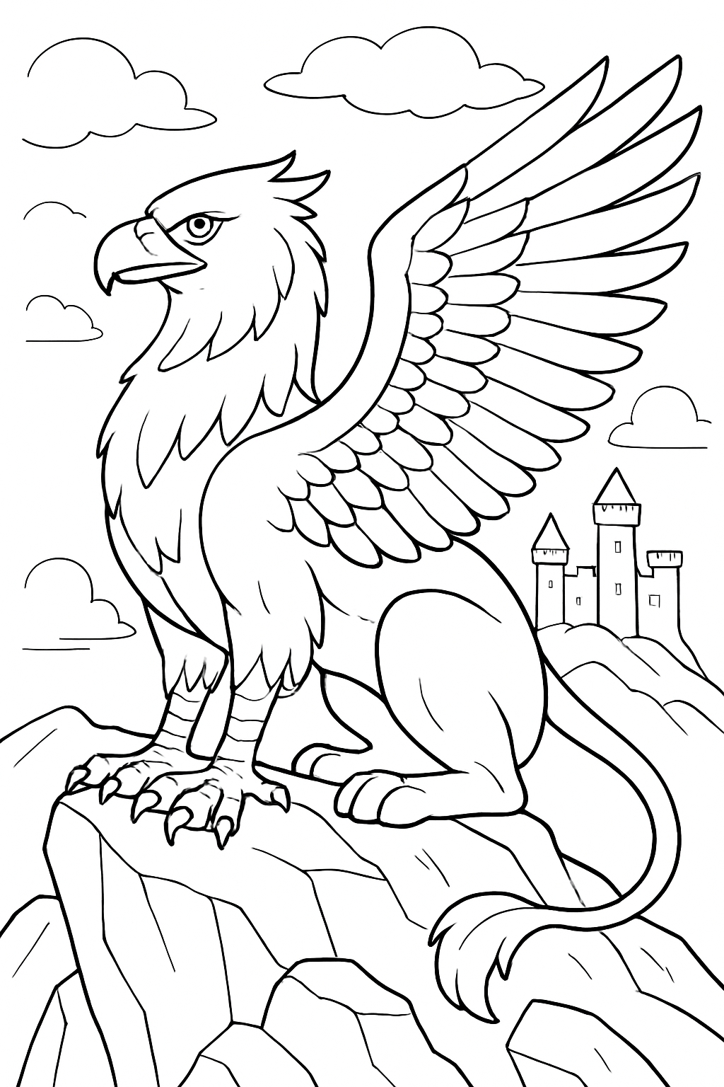 Majestic Griffin Line Drawing on Rock with Castle Background Coloring Book Pages