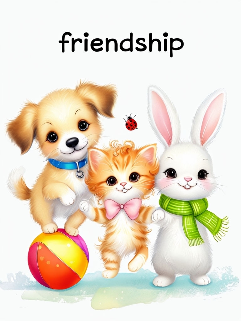 Cheerful Cartoon Puppy, Kitten, and Bunny Friendship T-Shirt
