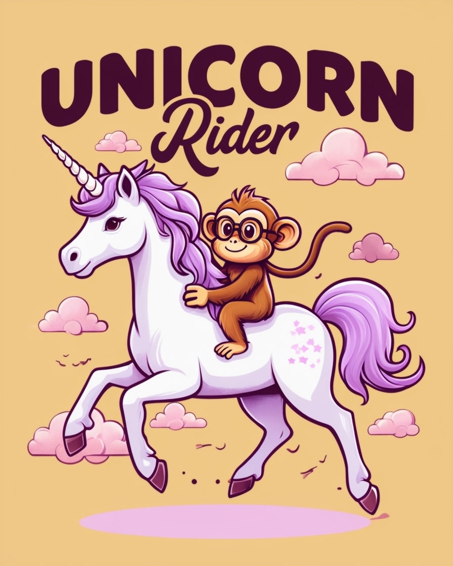 Whimsical Monkey Riding Unicorn Cartoon T-Shirt