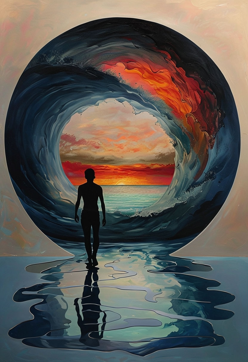 Surreal Figure Walking Through Colorful Wave Tunnel T-Shirt