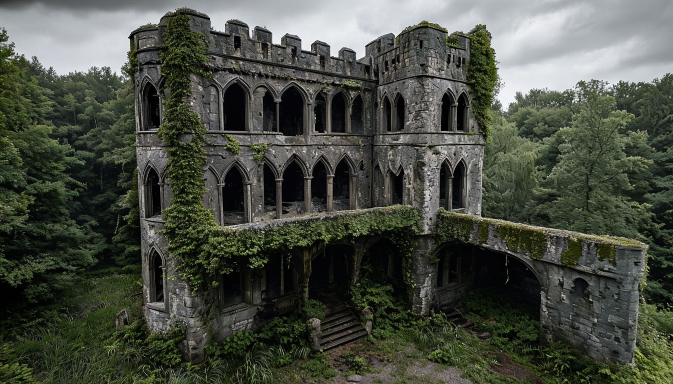Haunting Abandoned Gothic Castle Surrounded by Lush Nature Virtual Backgrounds