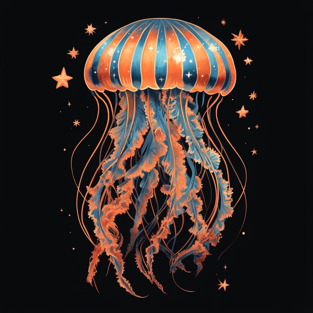 Ornate Cosmic Jellyfish Illustration with Glowing Stars Art