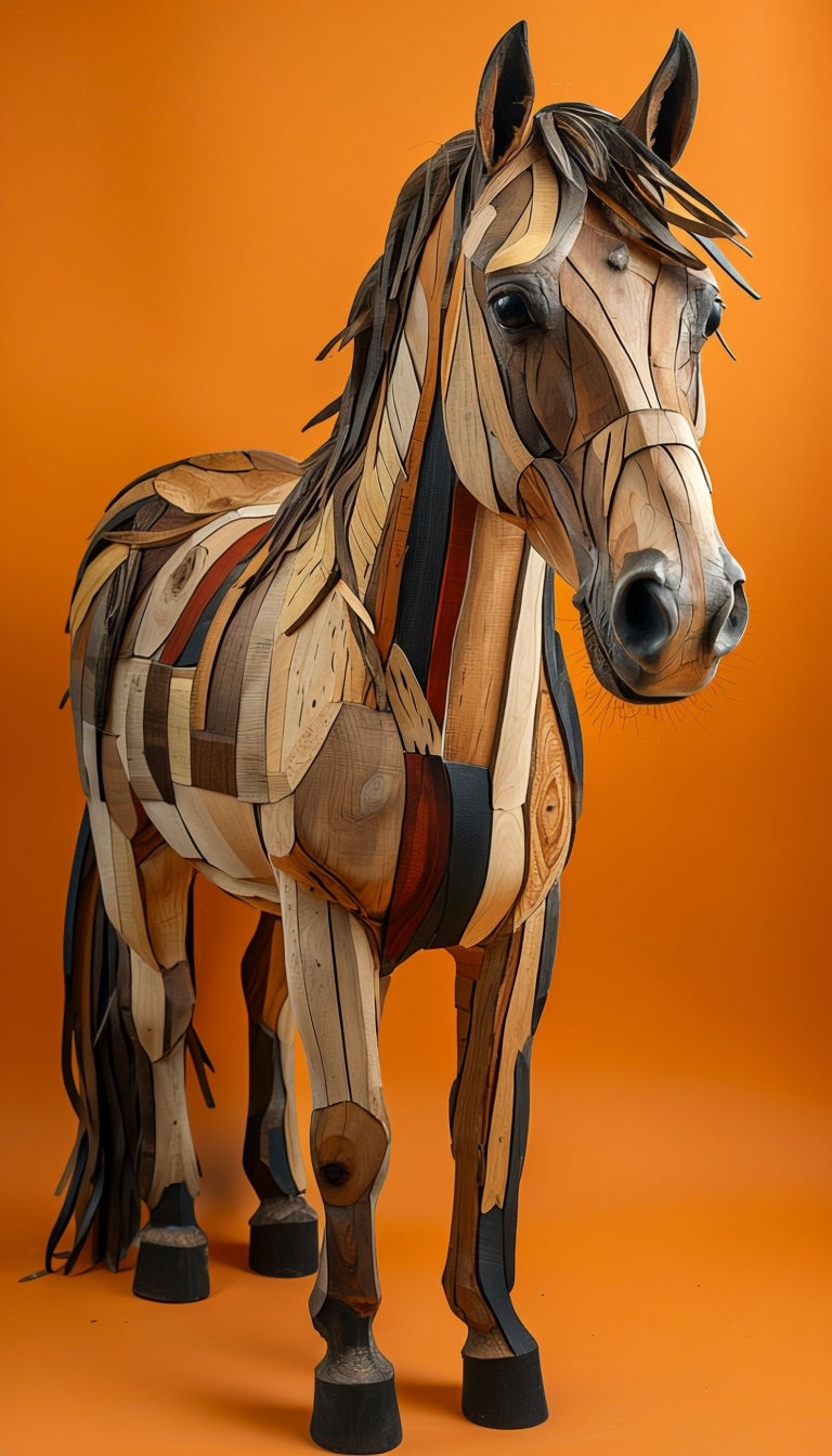 Realistic Wooden Horse Sculpture Against Bright Orange Background Art