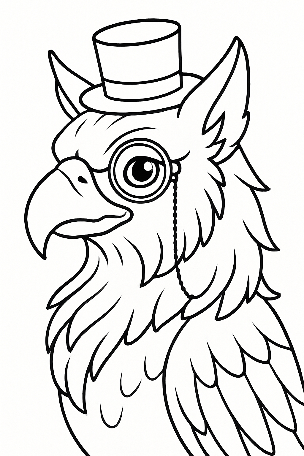 Whimsical Owl with Top Hat and Monocle Line Drawing Coloring Book Pages