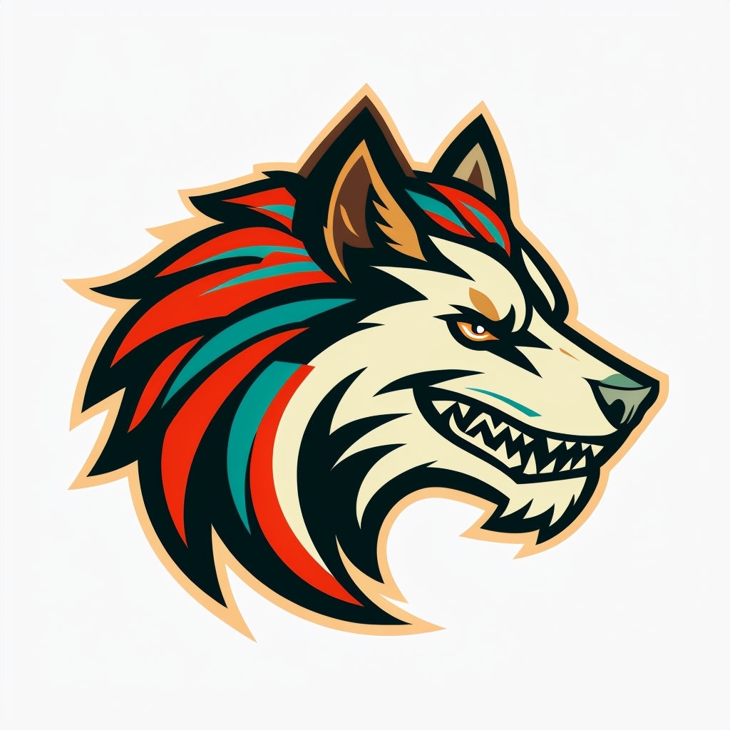 Vibrant Cartoon Wolf Head Illustration with Fiery Stripes Sticker