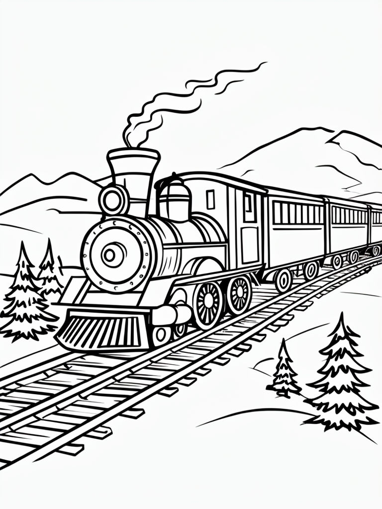 Whimsical Steam Locomotive Outline Drawing for Coloring Book Pages