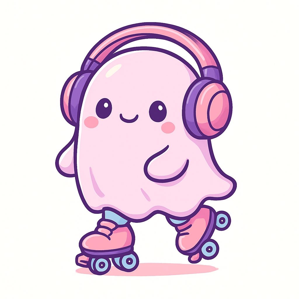Cute Pink Ghost Character with Headphones Roller Skating Sticker