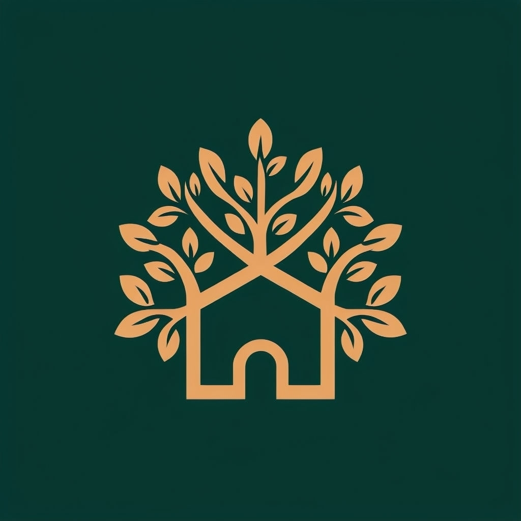 Minimalist House and Tree Logo Design on Forest Green Background