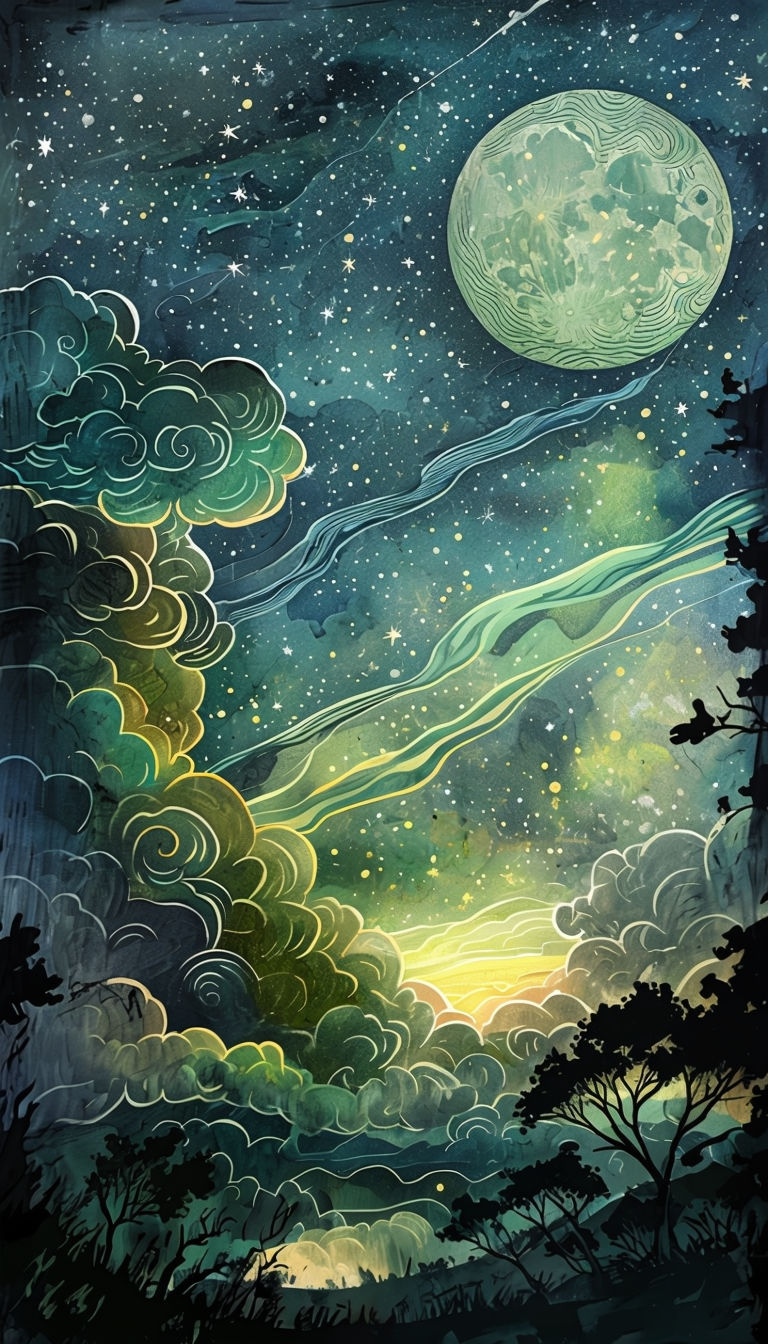 Tranquil Night Sky Landscape with Stars and Moon Art