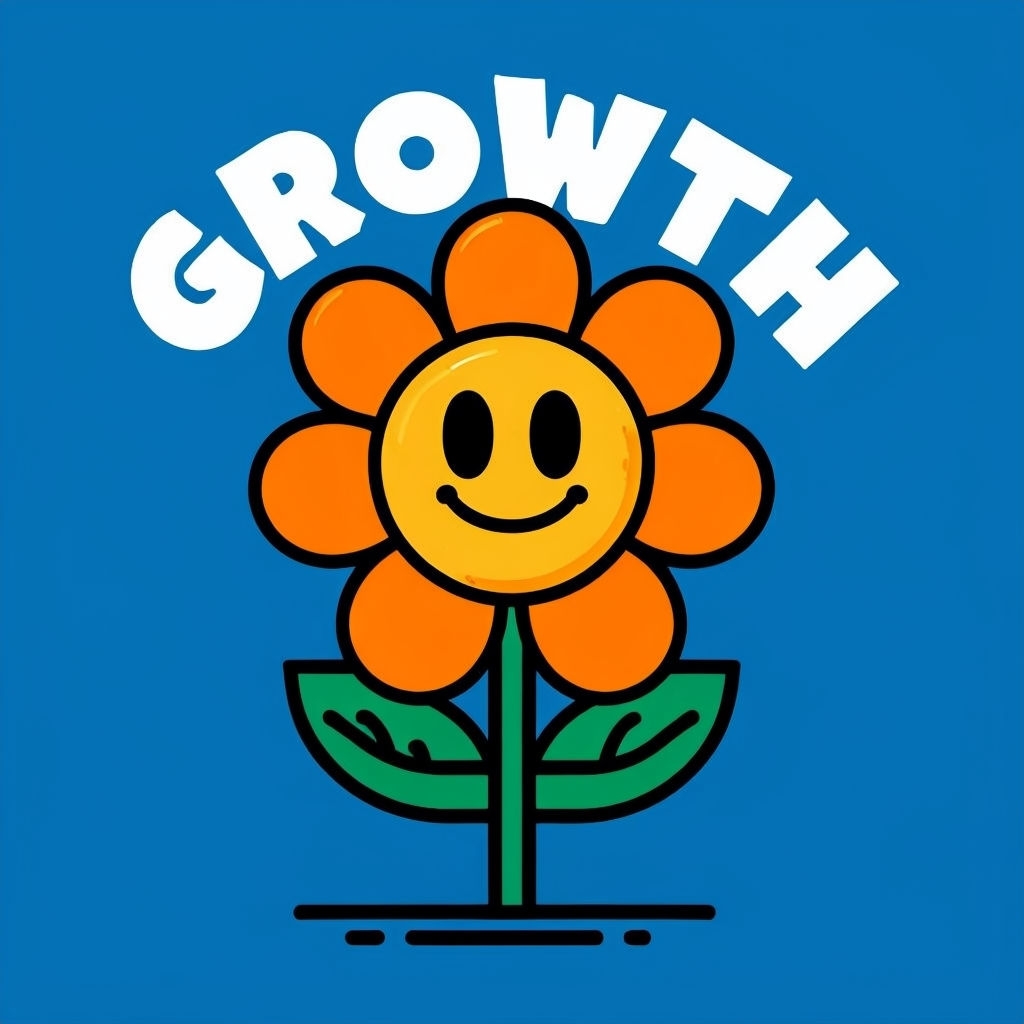 Cheerful Cartoon Flower with Growth Text T-Shirt