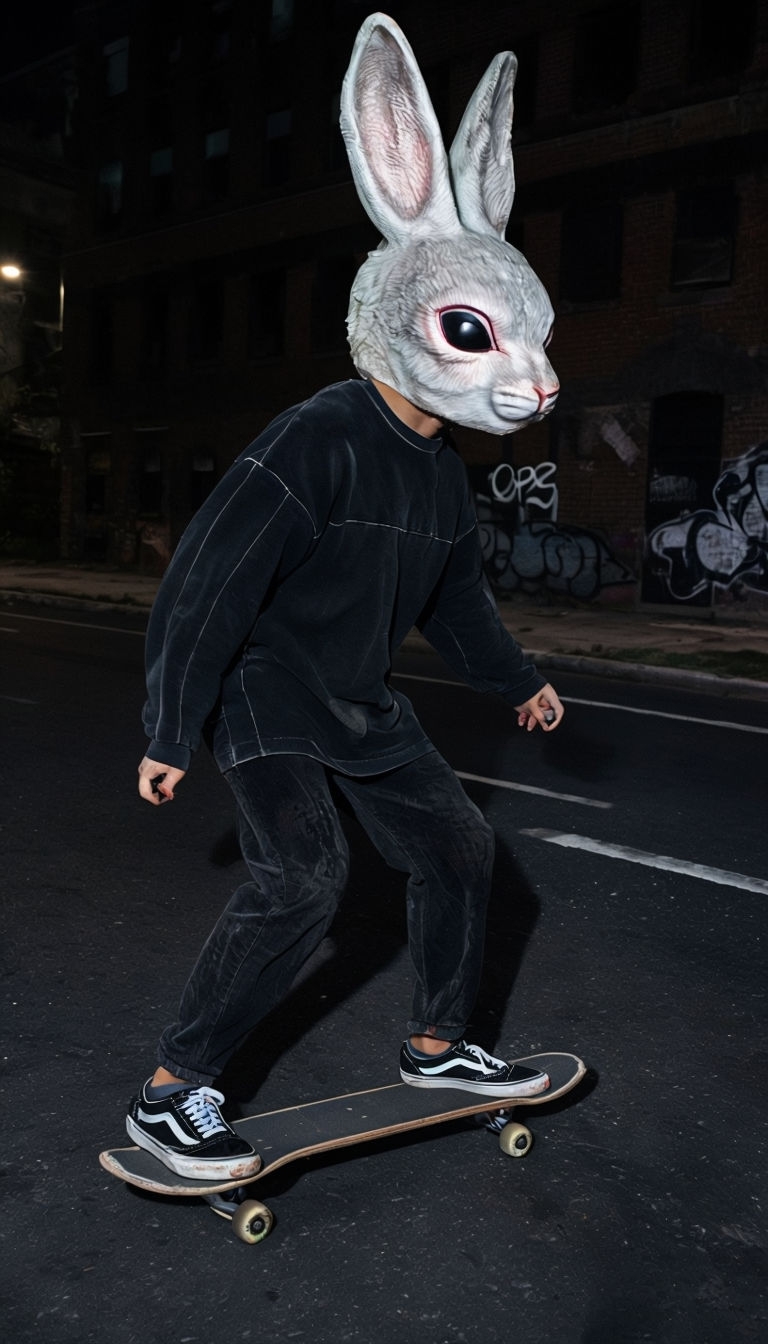 Urban Night Skateboarding Rabbit Mask Artwork
