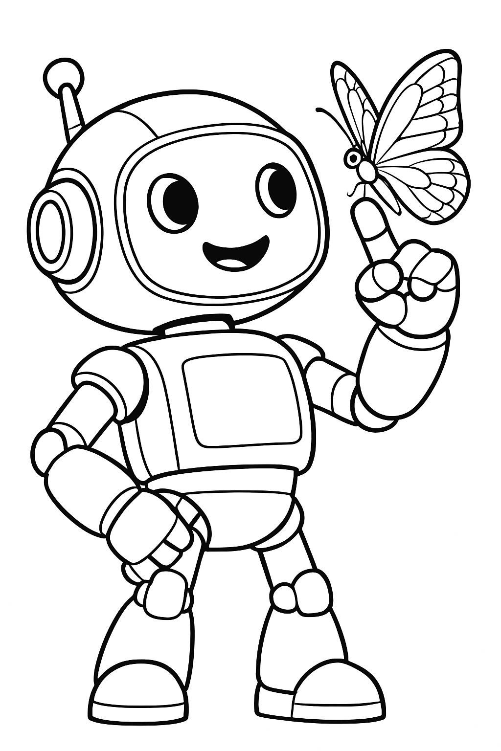 Cheerful Cartoon Robot with Butterfly Coloring Book Page