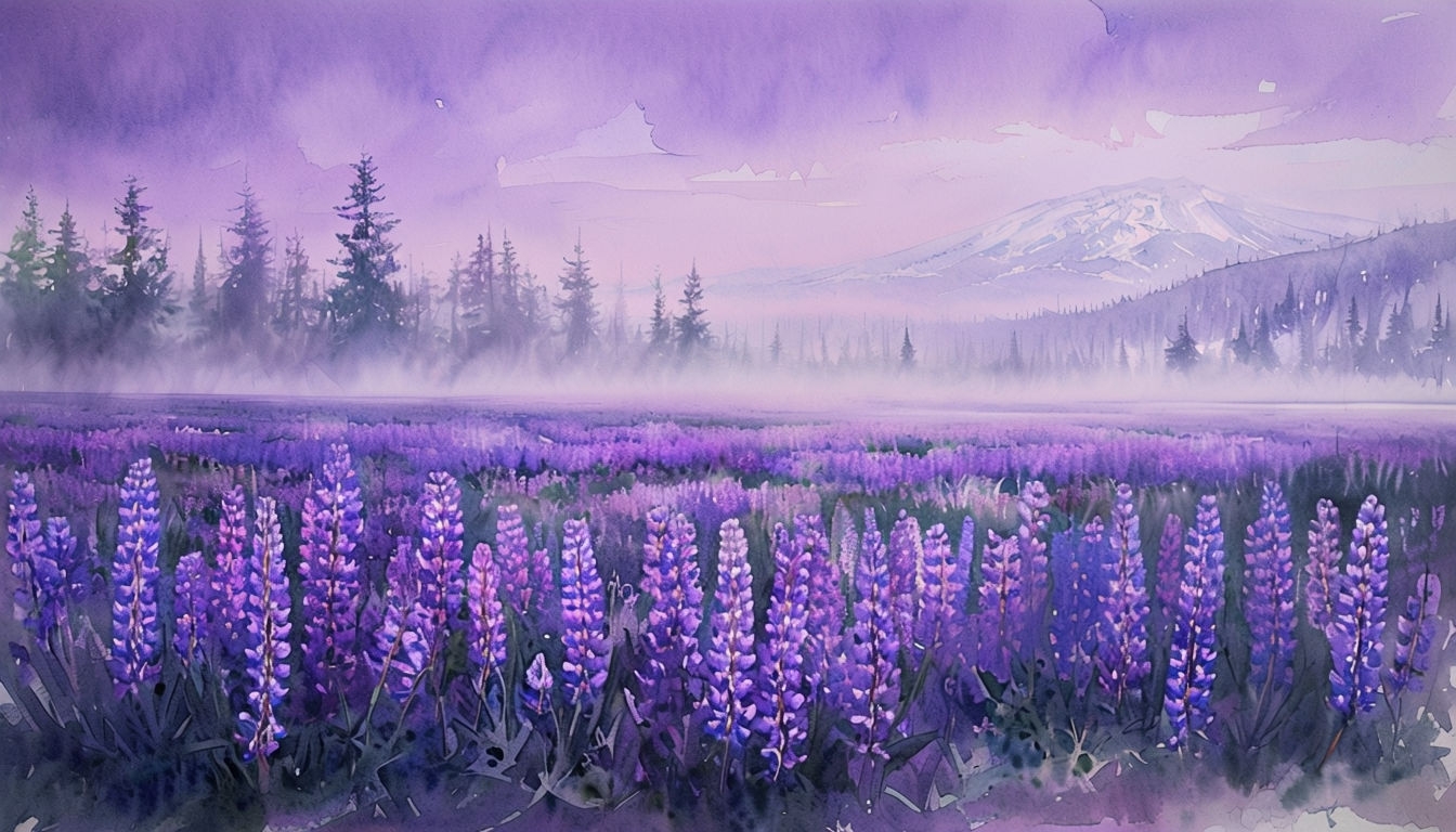 Serene Purple Lupine Field with Misty Evergreen Trees Background