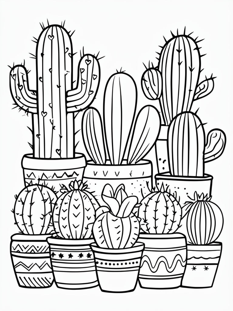 Whimsical Cartoon Cacti and Succulents Line Drawing Coloring Book Pages