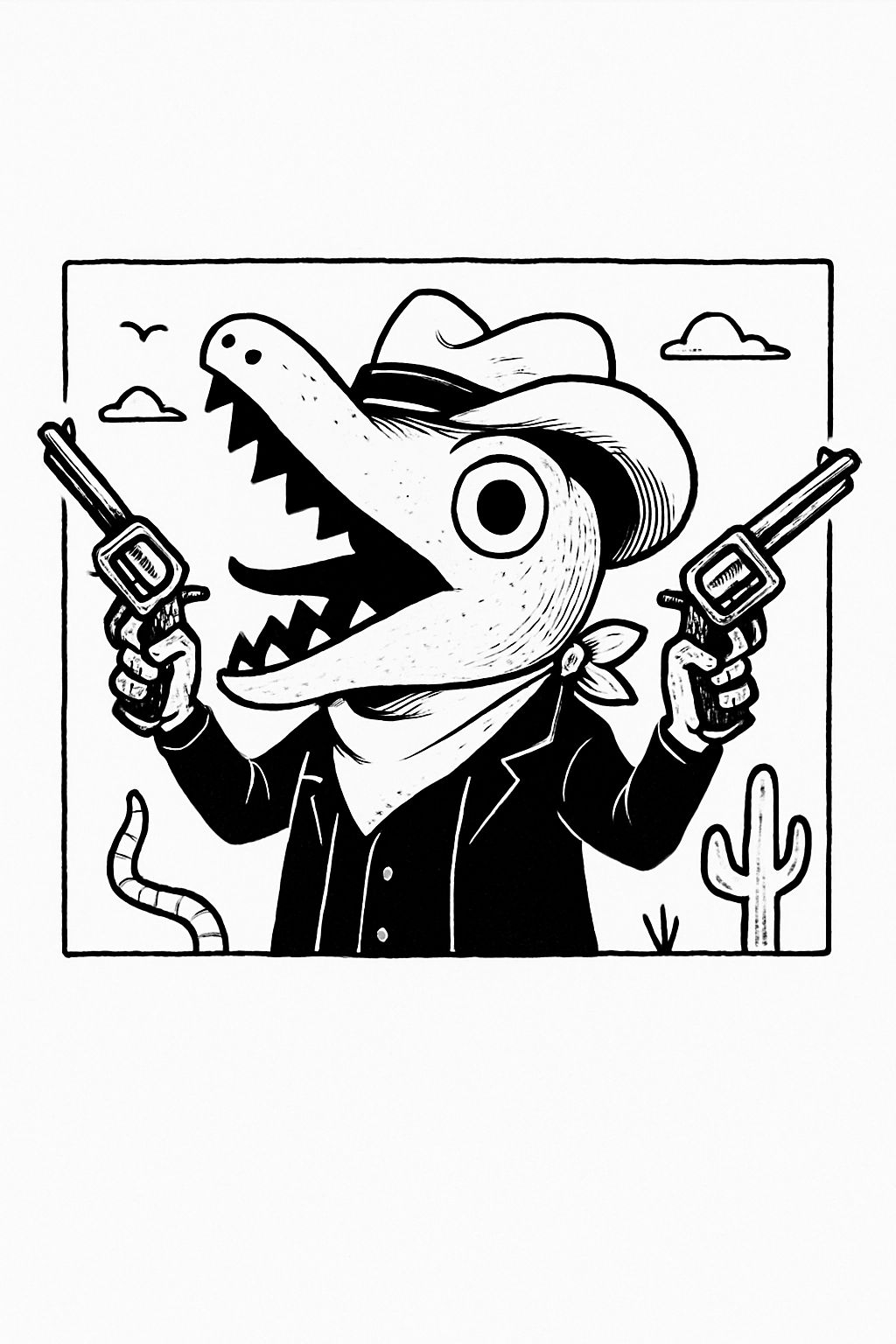 Cowboy Crocodile Cartoon Illustration in Black and White Poster