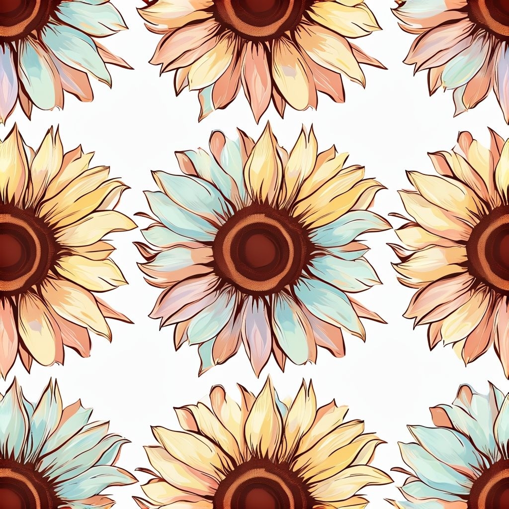 Stylized Sunflower Symmetrical Pattern on White Background Seamless Pattern