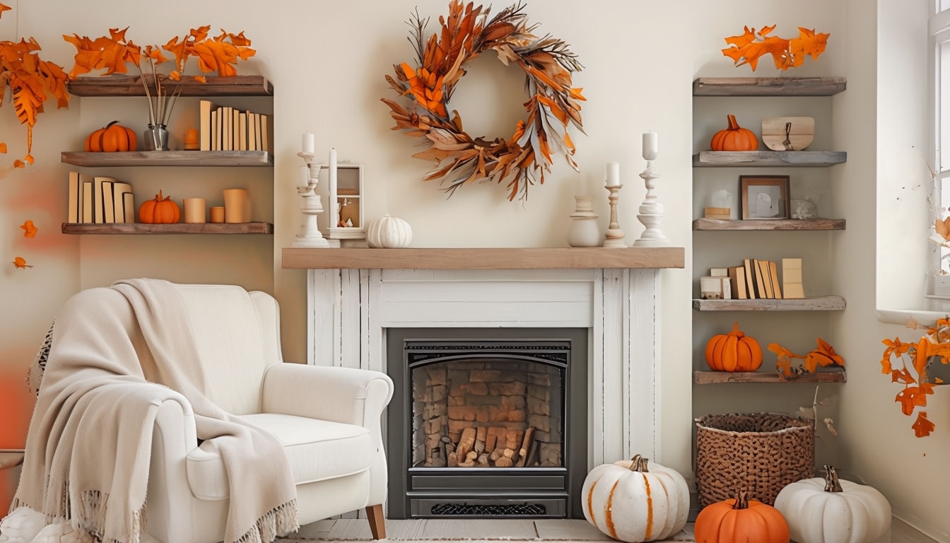 Cozy Autumn Interior with Armchair and Fireplace Art