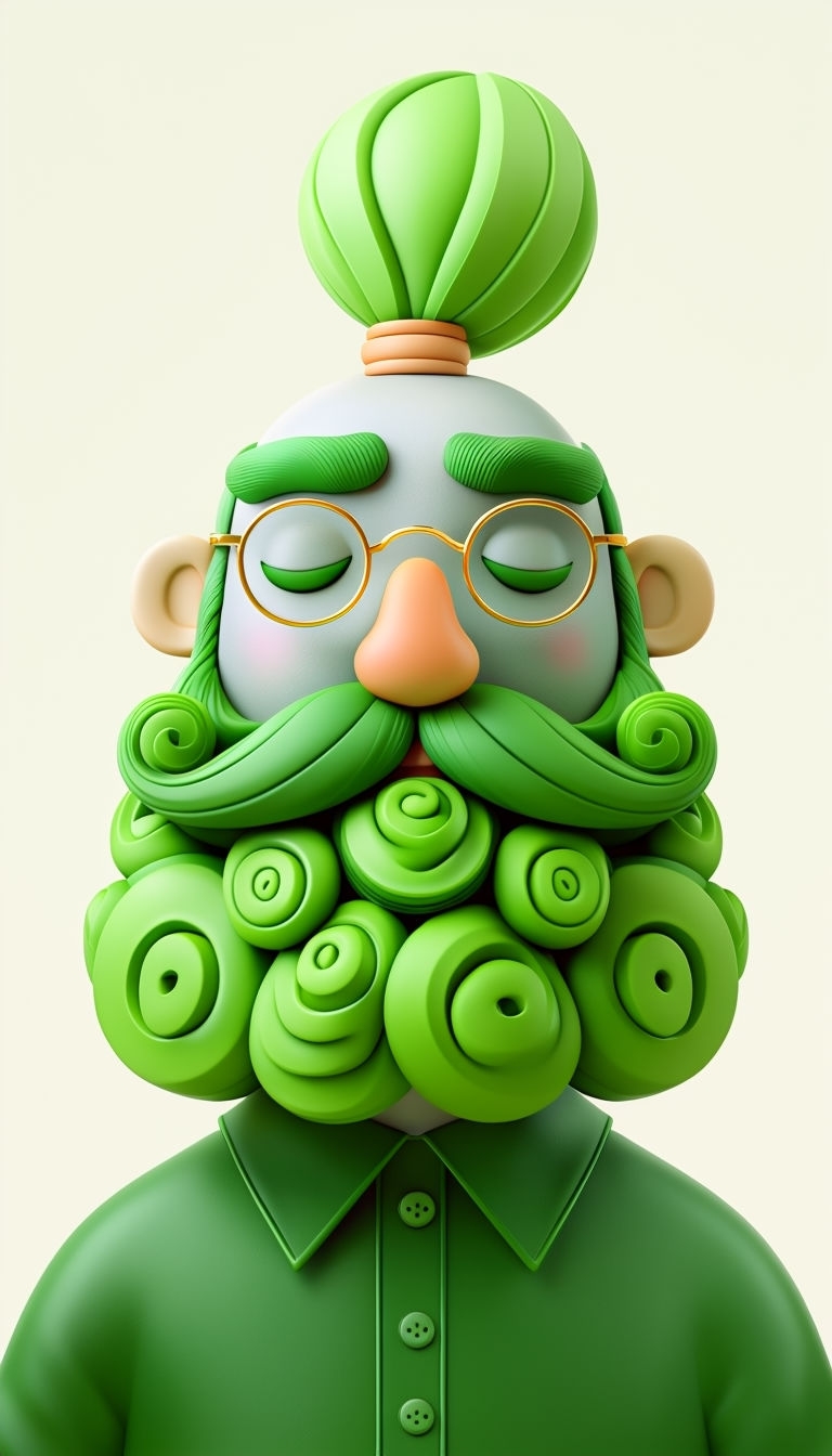 Whimsical 3D Cartoon Character with Green Mustache Art