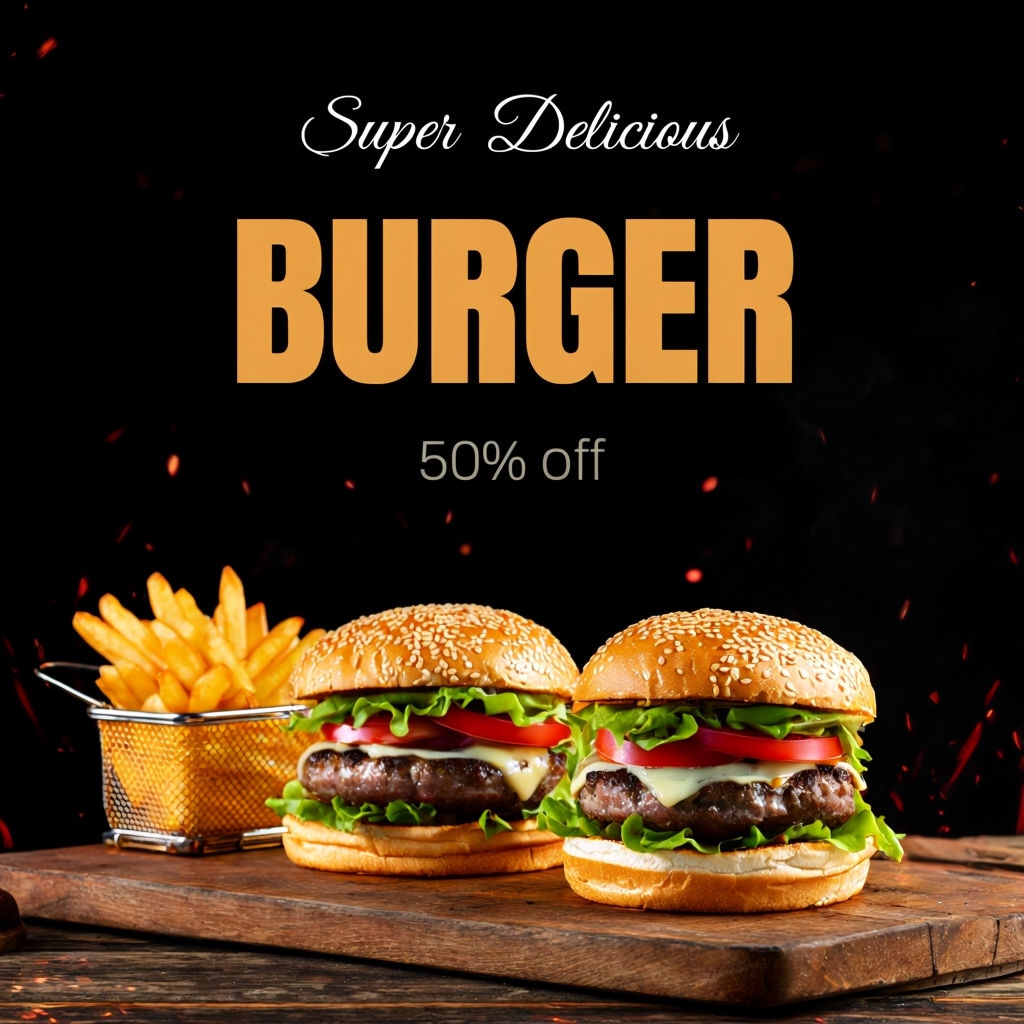 Enticing Gourmet Burgers with 50% Off Promotion Social Media Post