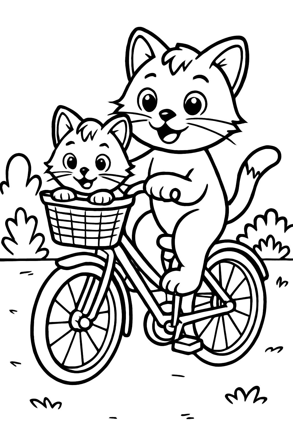 Playful Cartoon Cats Riding a Bicycle Scene Coloring Book Page