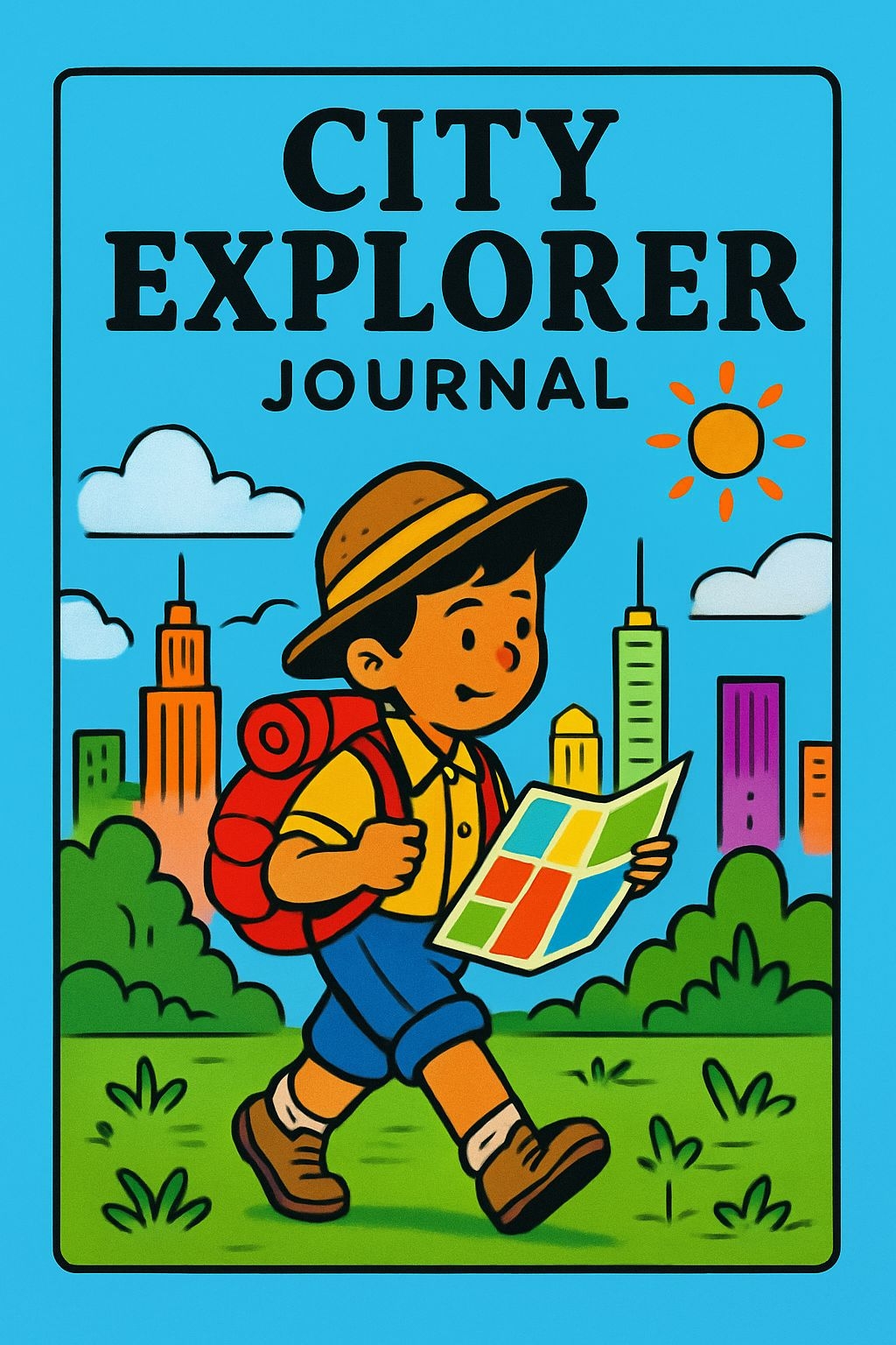 Vibrant City Explorer Journal Cover with Cartoon Adventure Scene EBook Cover