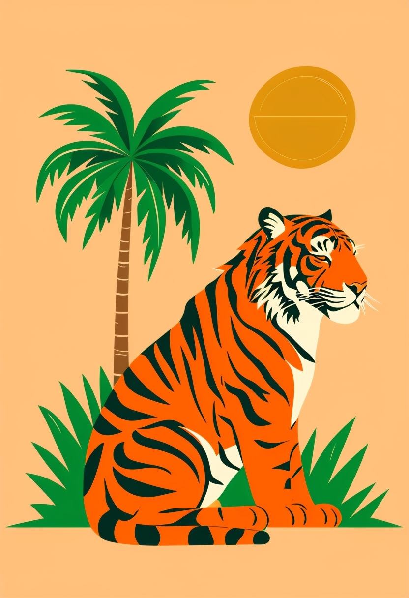 Vibrant Orange Tiger and Tropical Palm Tree Illustration T-shirt