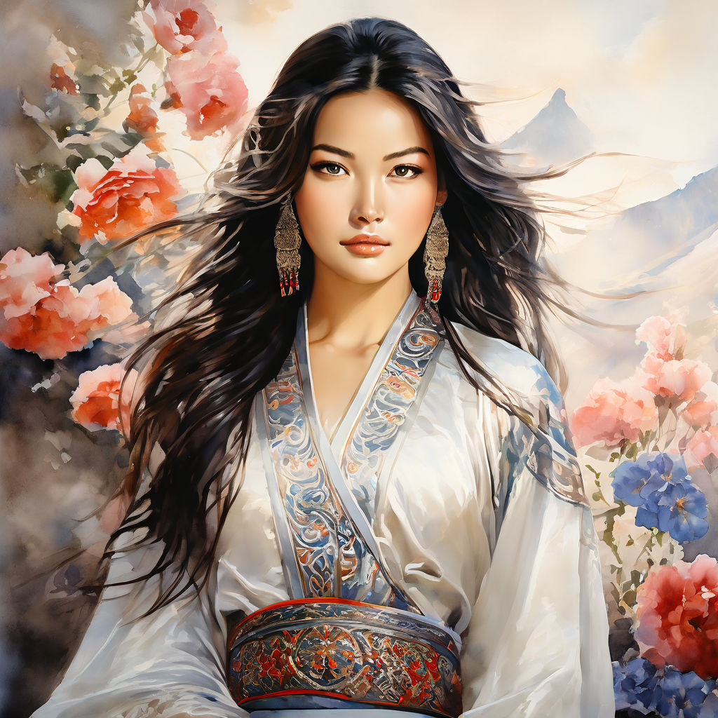 A stunning watercolor painting of A beautiful Mongolian woma... by