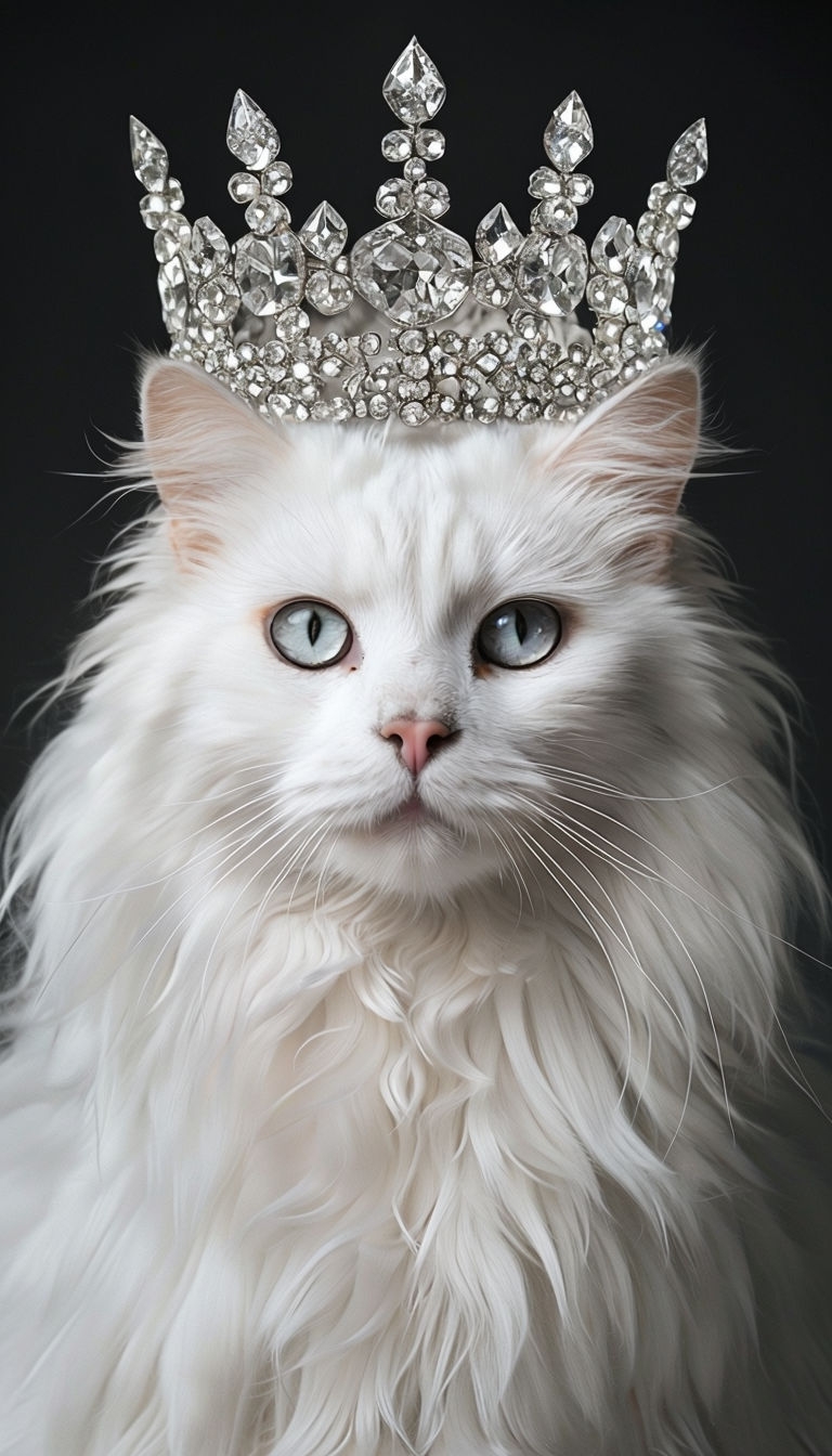 Majestic White Cat with Crown and Silver Eyes Portrait Mobile Wallpaper