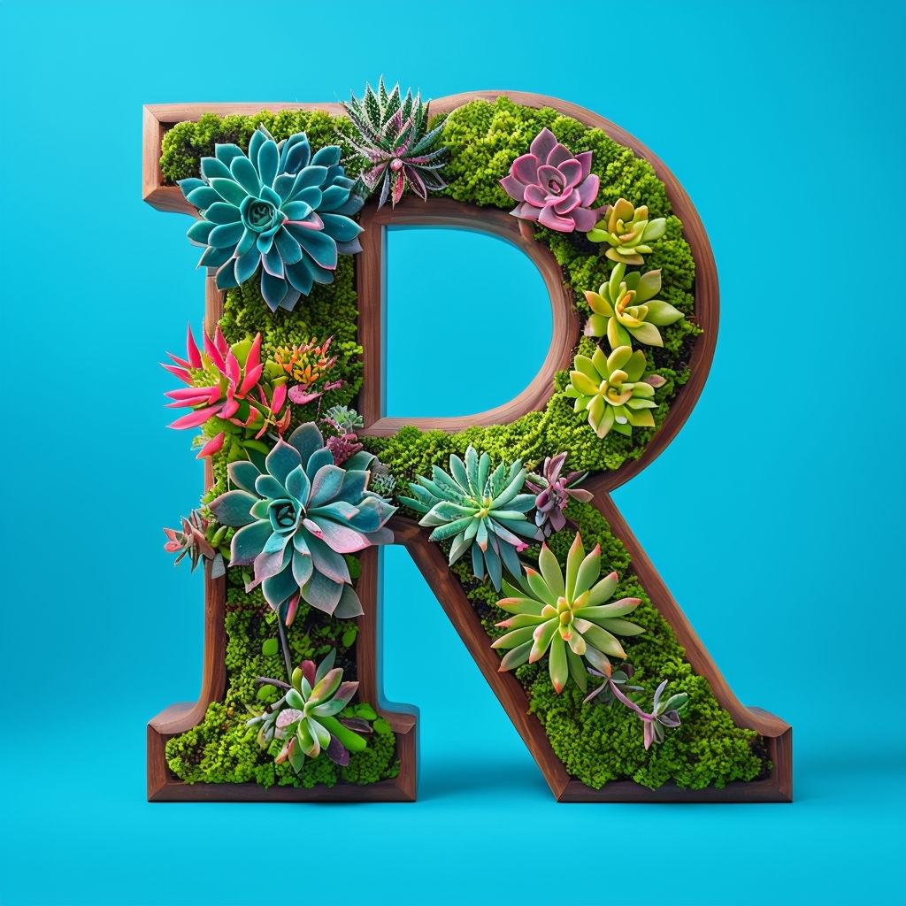 Vibrant Wooden 'R' Monogram with Living Succulent Garden Design Monogram