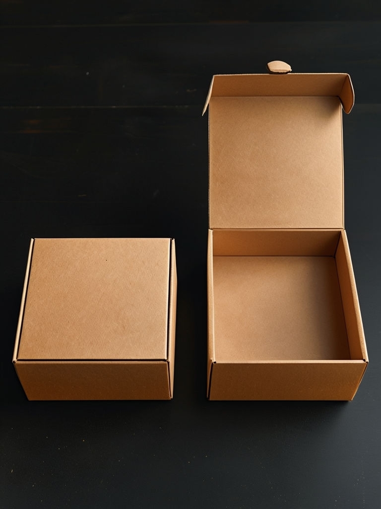 Minimalist Brown Carton Boxes on Dark Matte Table Mockup