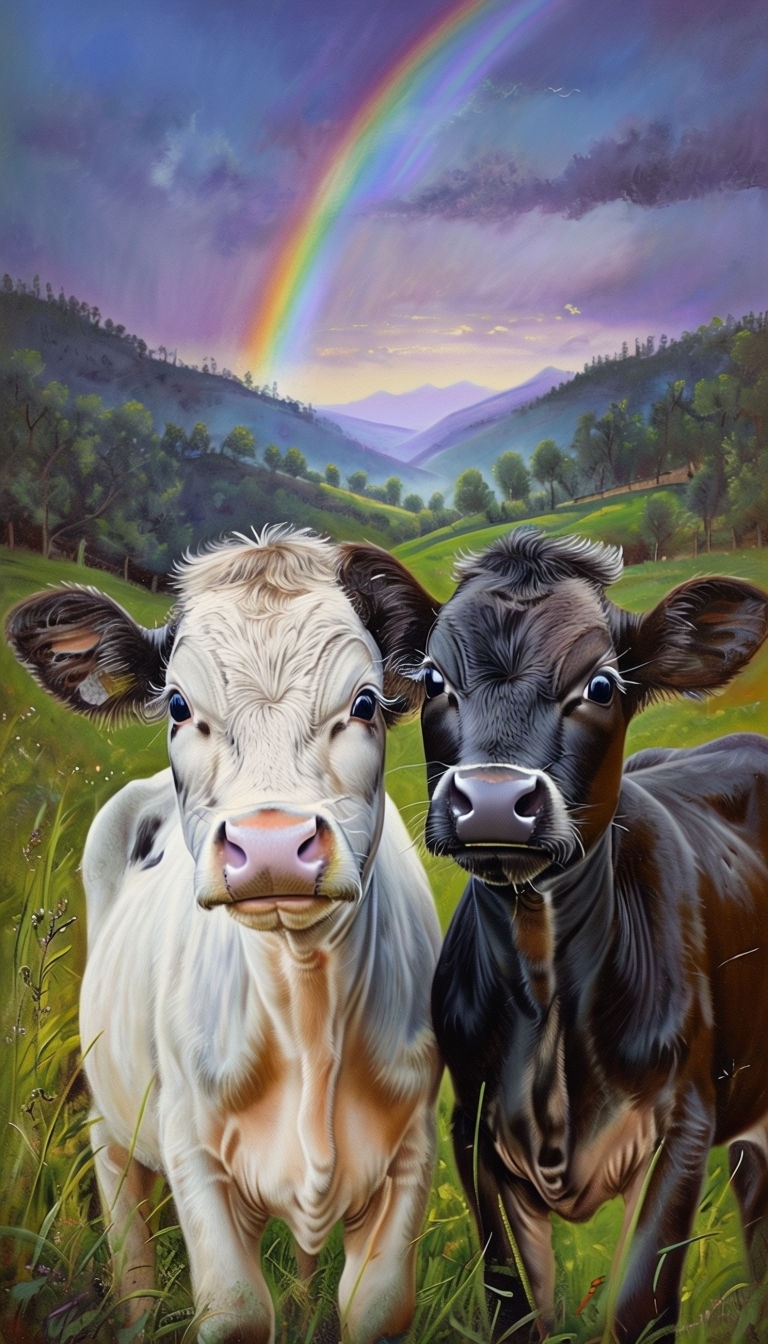 Adorable Cows in Scenic Pastoral Landscape Art Poster