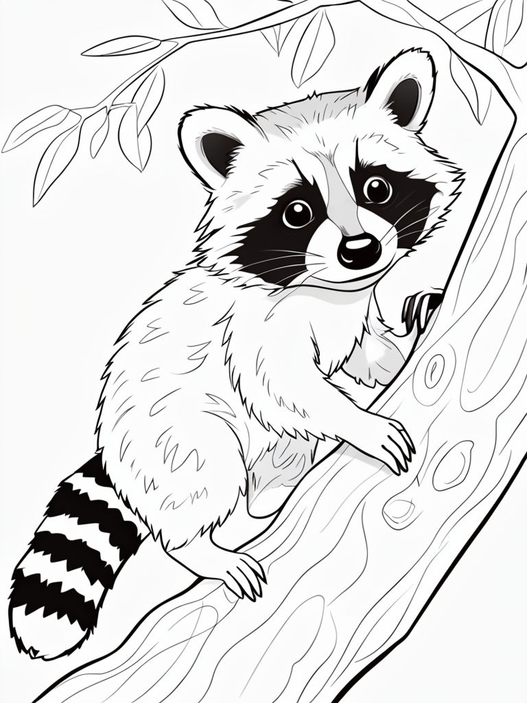 Charming Raccoon Climbing Tree Branch Outline Drawing for Coloring Book Pages