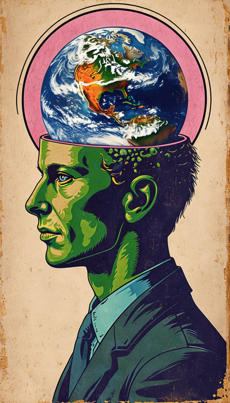 Surreal Vintage Earth-Head Human Figure Art Poster