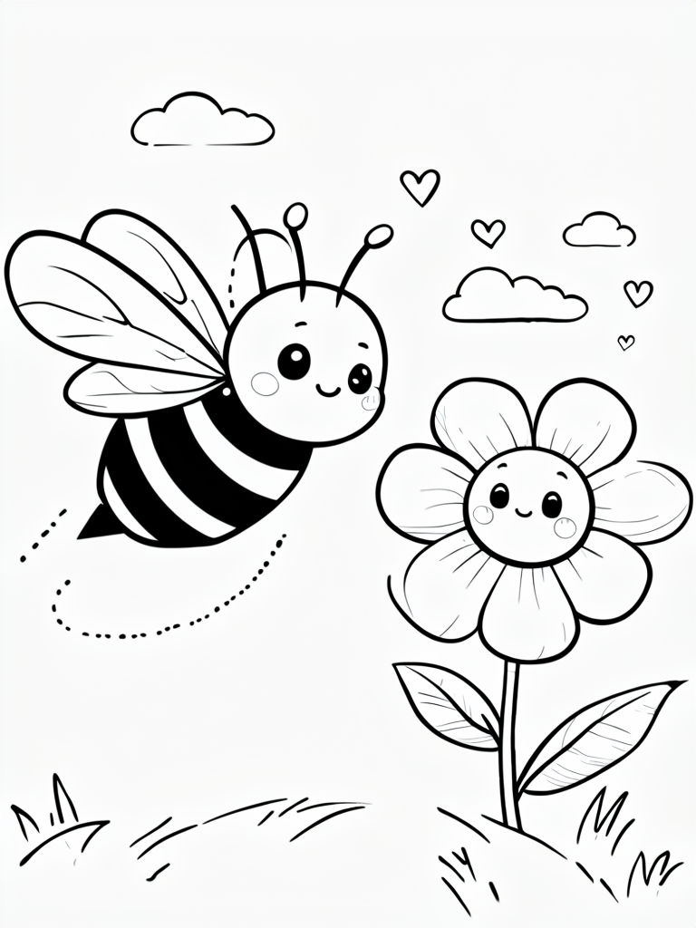 Cheerful Bee and Flower Cartoon Illustration for Kids Coloring Book Pages