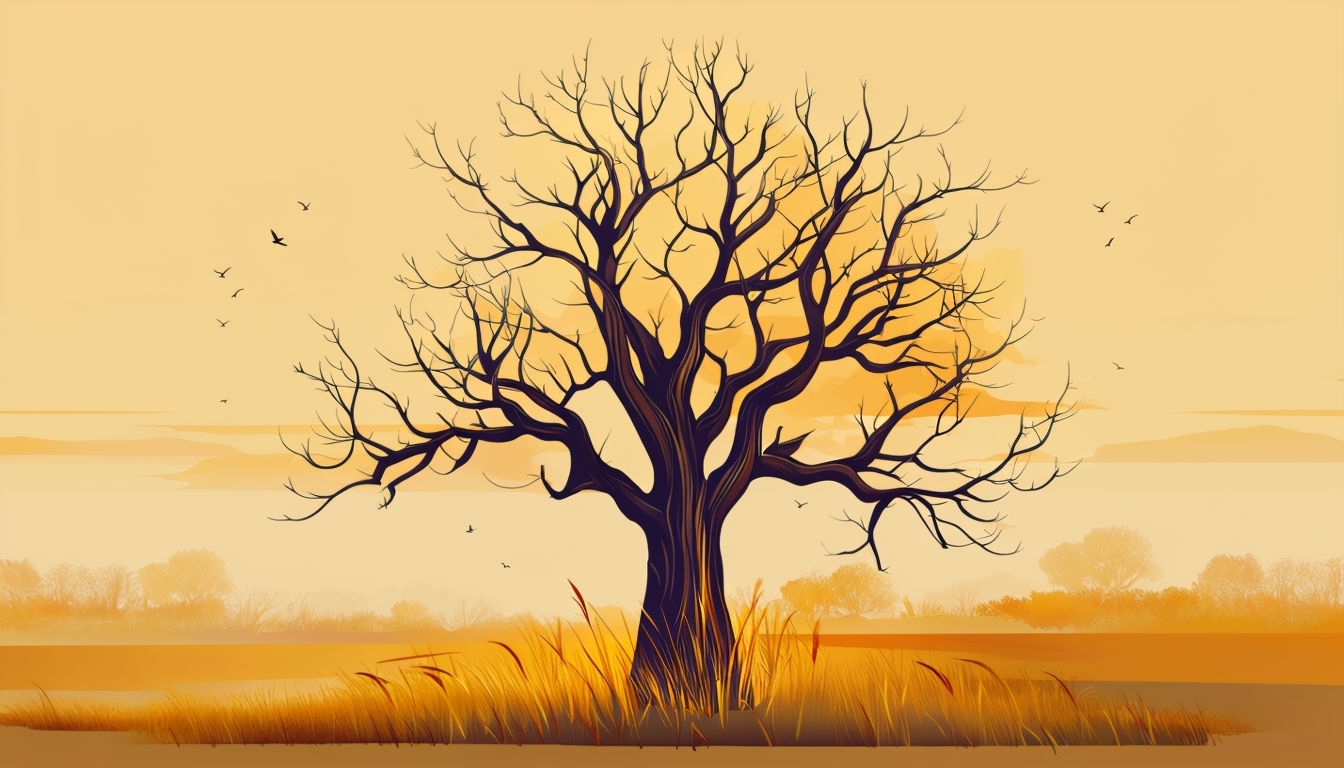 Solitary Leafless Tree in Tranquil Autumn Landscape Background
