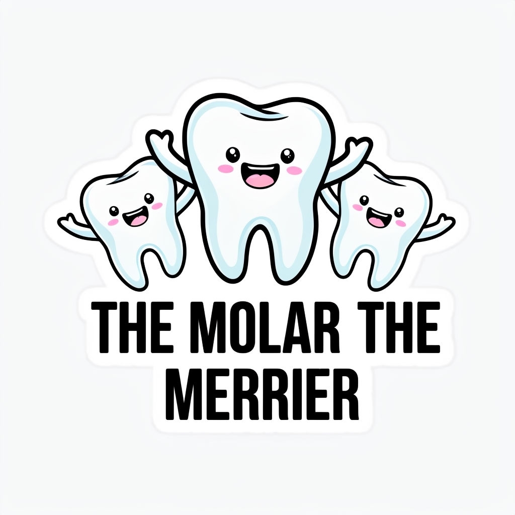 Cheerful Cartoon Tooth Characters with Molar The Merrier Sticker