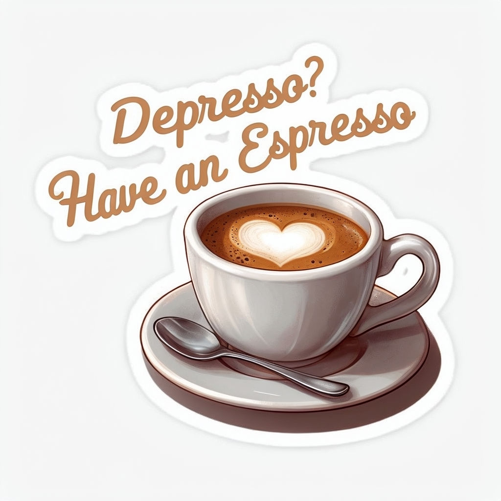 Whimsical Coffee Cup with Latte Art and Playful Text Sticker