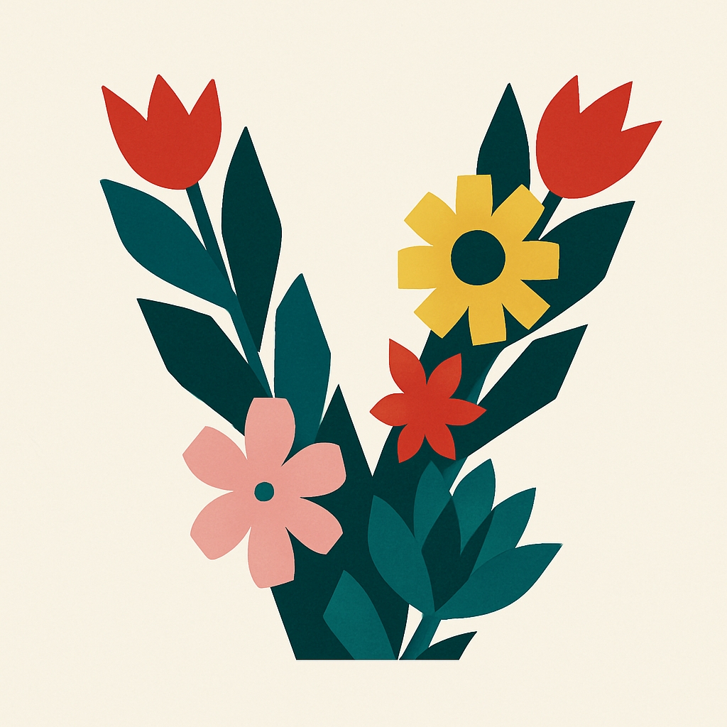 V-Shaped Colorful Flower Bouquet Minimalist Artwork Monogram
