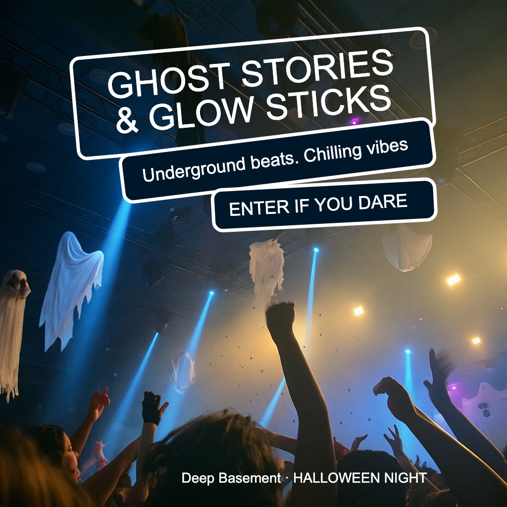 Energetic Halloween Night Event with Ghostly Decorations Instagram Post