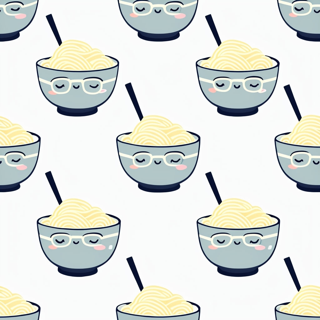 Adorable Cartoon Noodle Bowls with Glasses Seamless Pattern