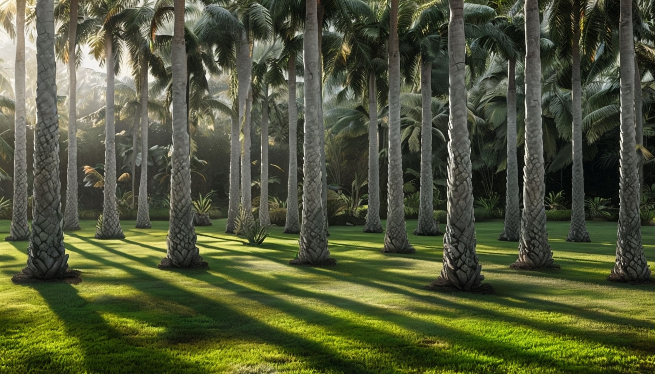 Tranquil Tropical Palm Trees Over Lush Green Lawn Background