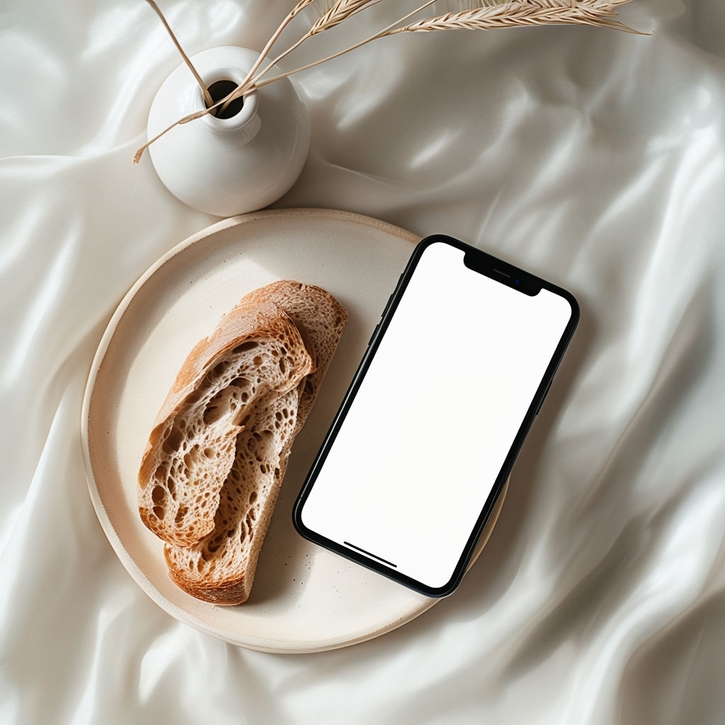 Minimalist Still Life Smartphone with Rustic Bread and Vase Mockup